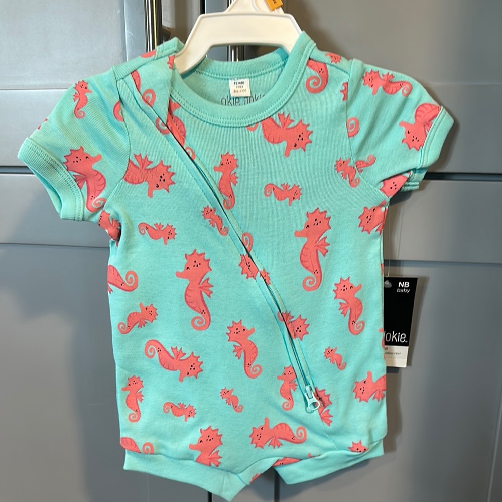 Okie Dokie Seahorse Print Baby Bodysuit - Aqua and Pink
